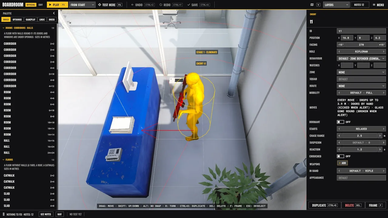 The Creator: placing an enemy in a room, its properties in the side panel.