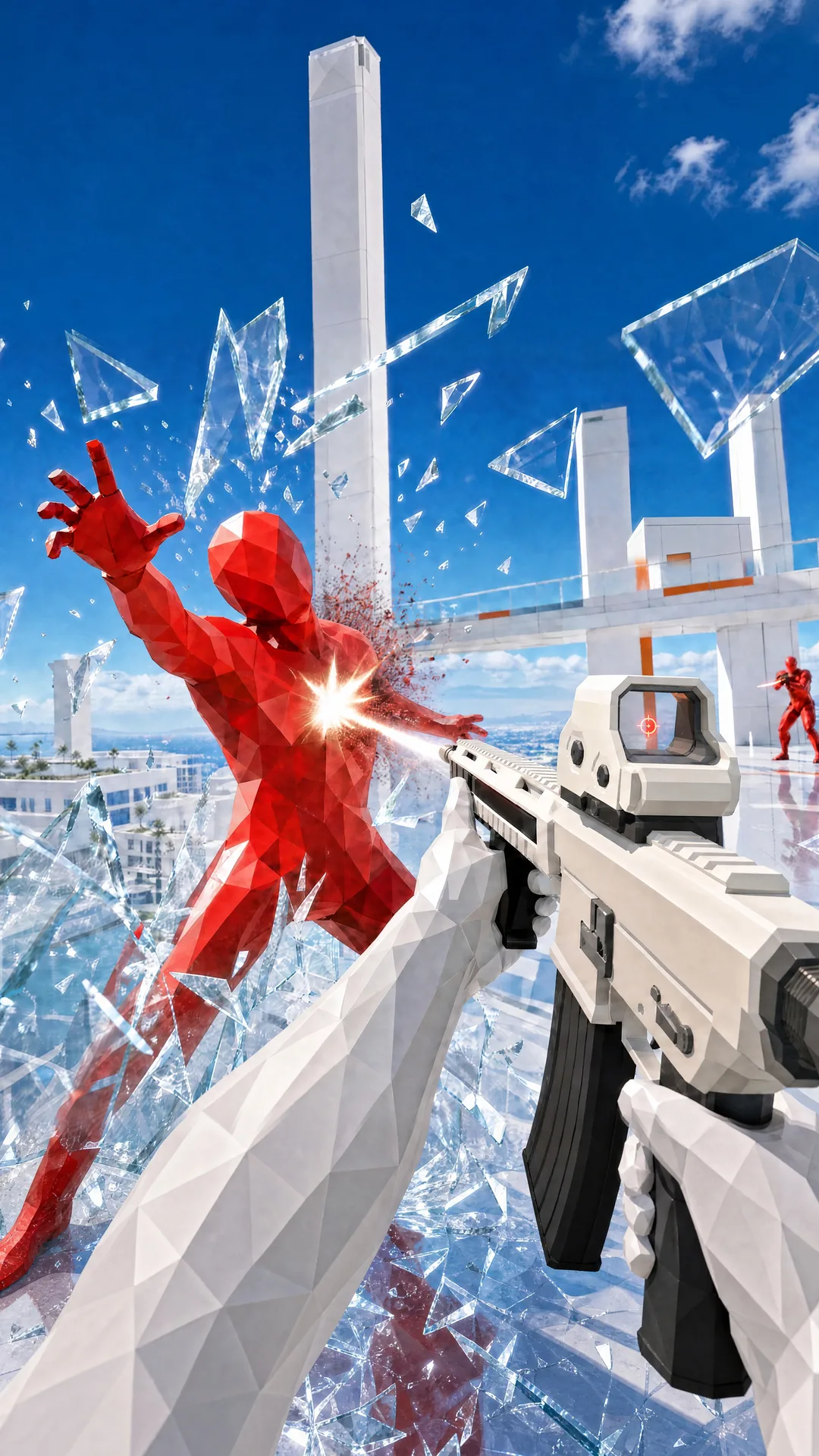 Key art vertical de Too Slow Again: un enemigo rojo rompe el cristal bajo la mira del jugador.