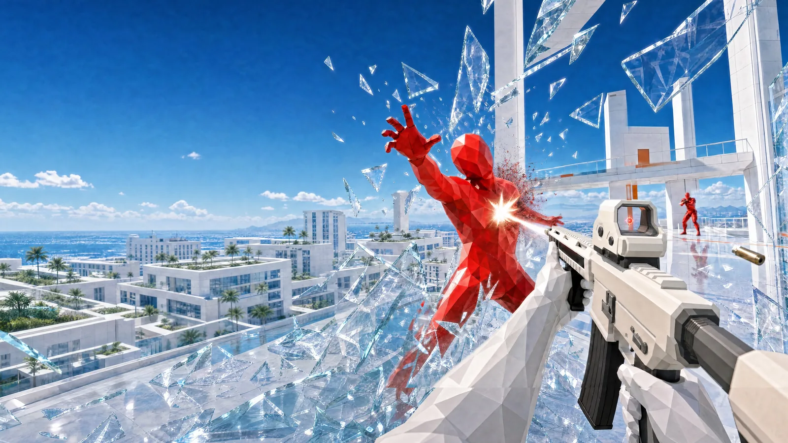Key art de Too Slow Again: un enemigo rojo atraviesa una pared de cristal mientras el jugador dispara un fusil de asalto blanco, con una ciudad blanca junto al mar detrás.