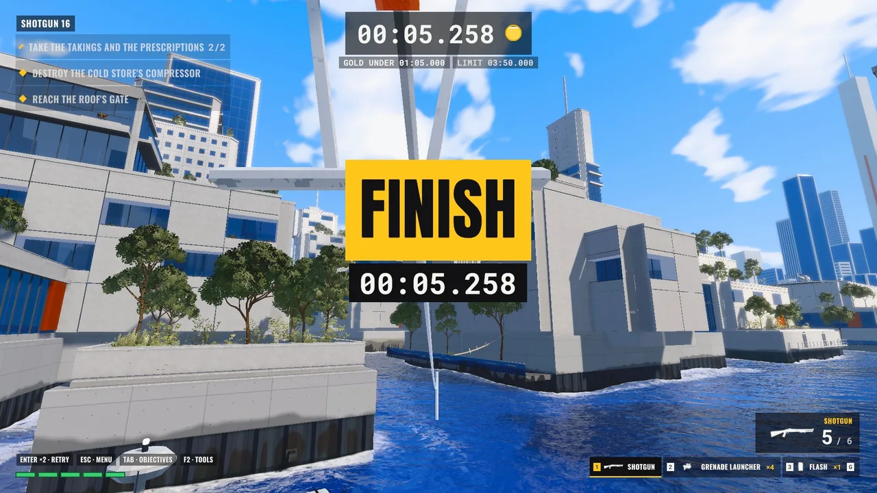 FINISH: el reloj se para en 00:05.258 en un track de escopeta junto al mar.